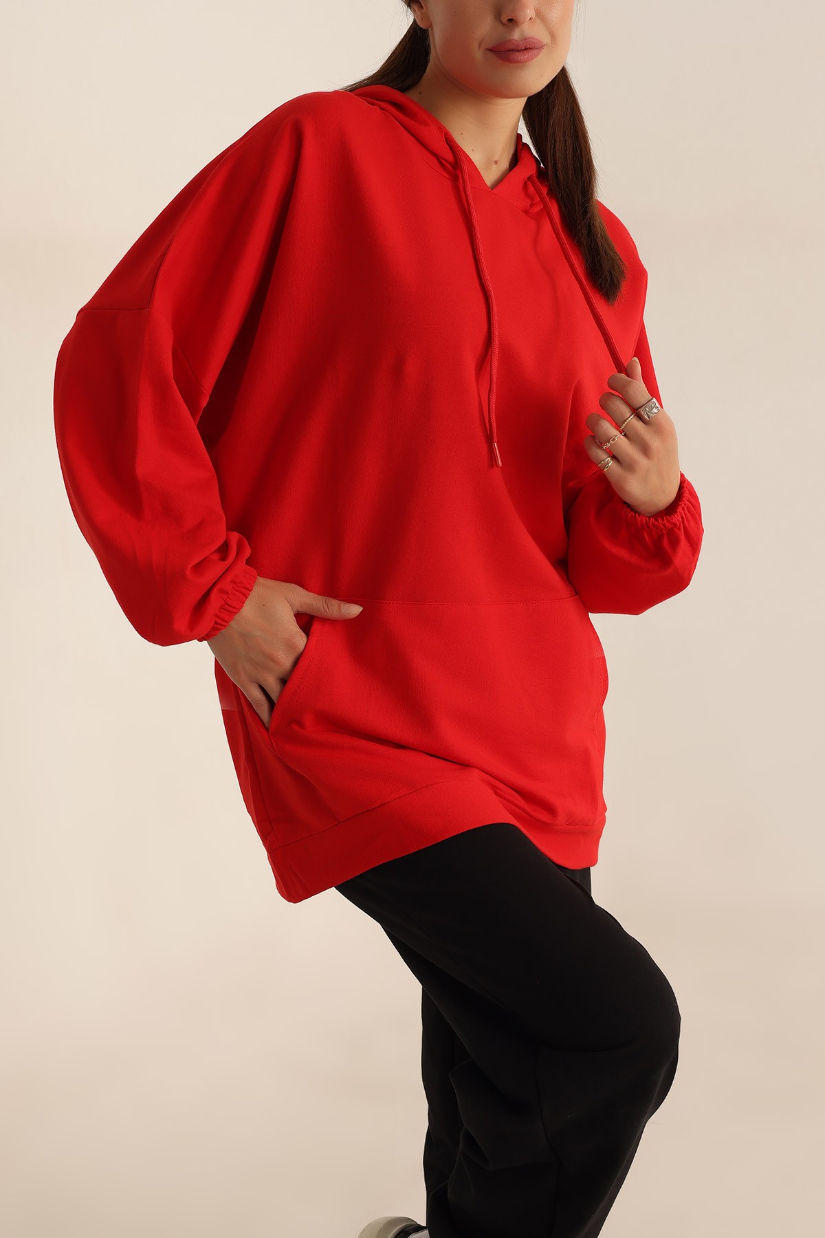 Kırmızı İki İp Kapşonlu Sweat Tunik 198417