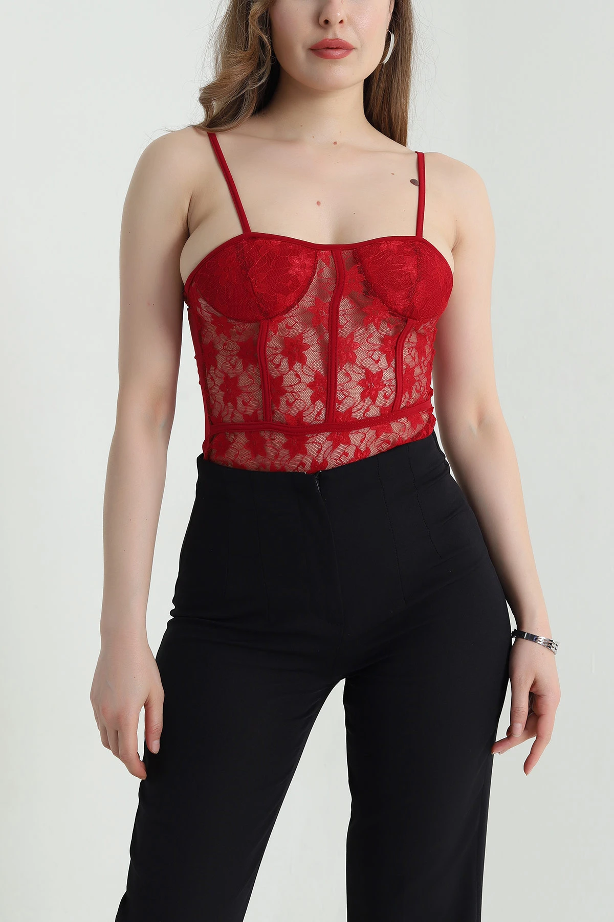 Kırmızı İp Askılı Dantel Kadın Bodysuit 464864