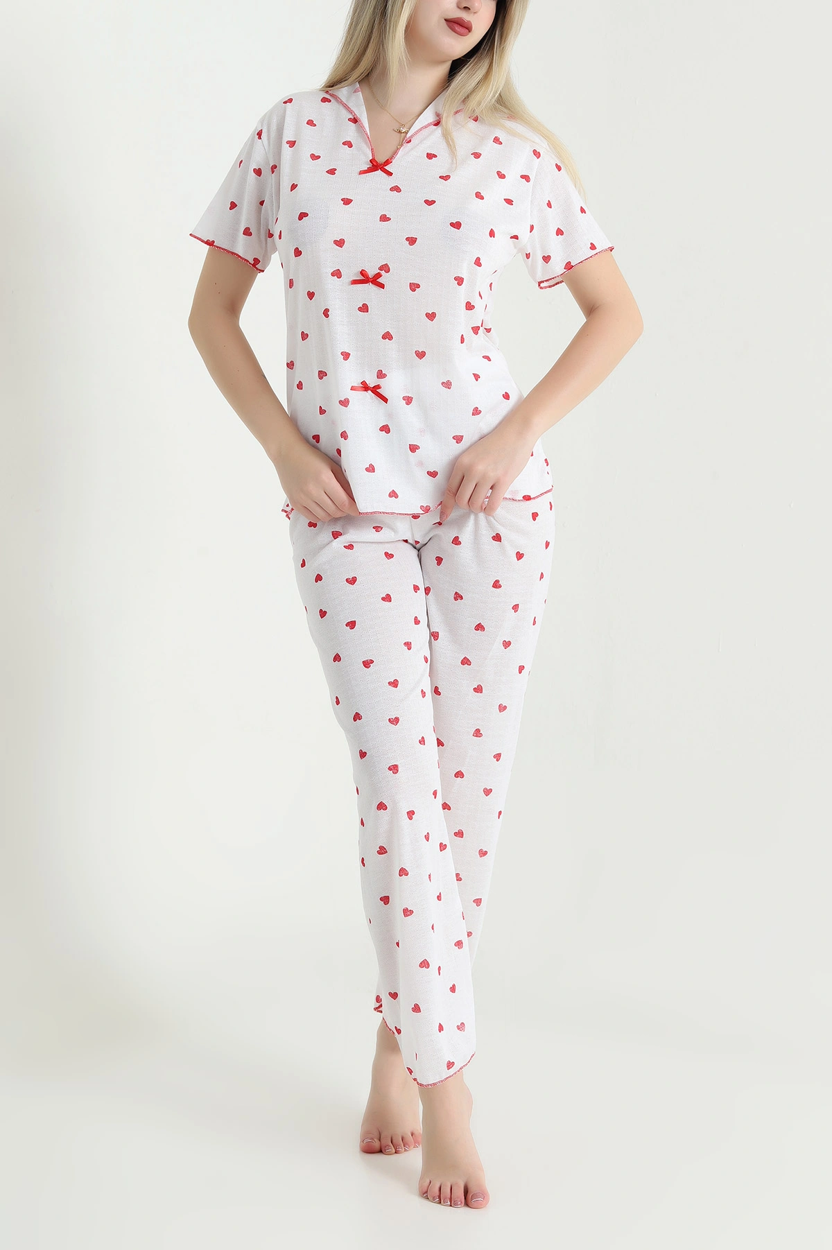 Kırmızı Jakarlı Fiyonklu Kadın Pijama Takımı 466698