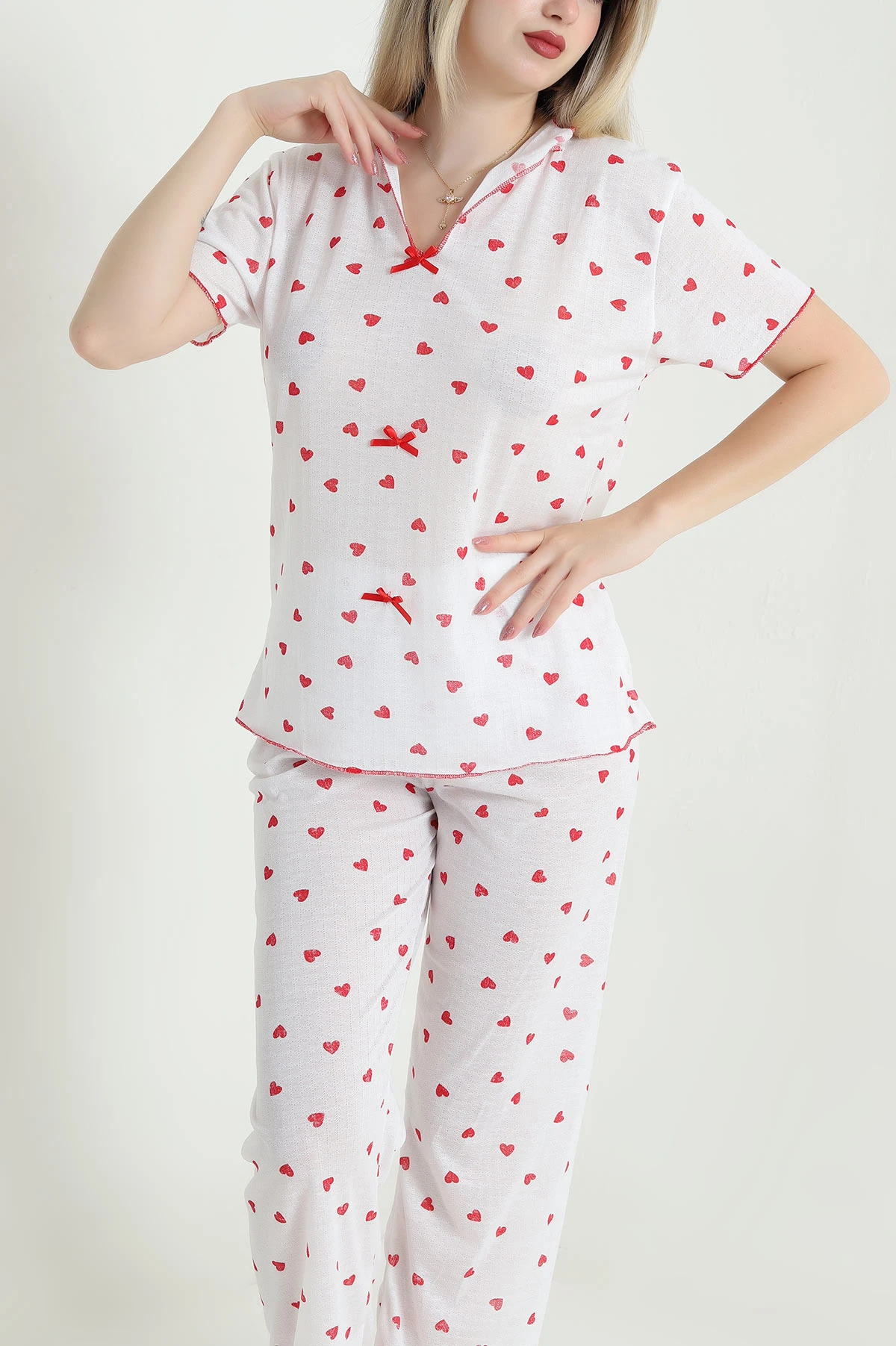 Kırmızı Jakarlı Fiyonklu Kadın Pijama Takımı 466698