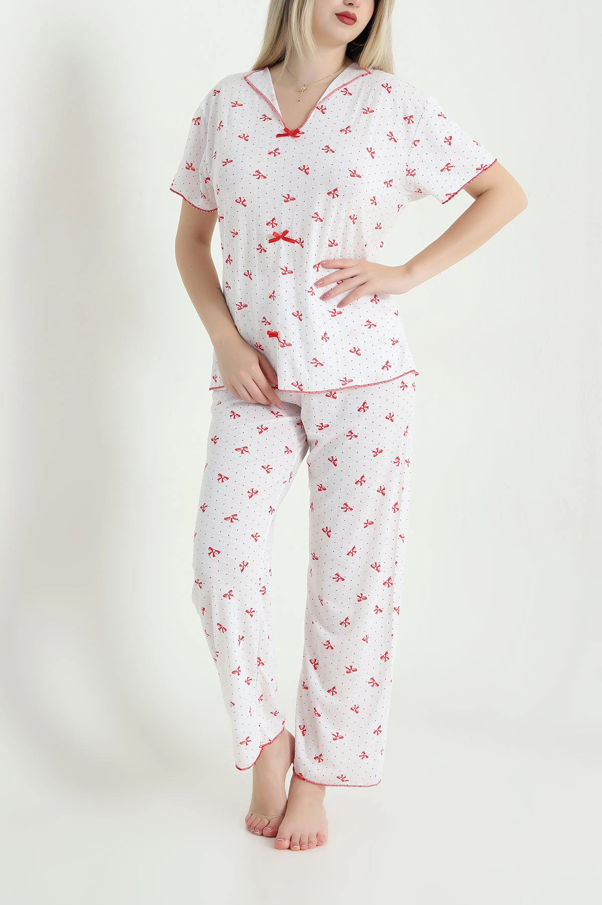 Kırmızı Jakarlı Fiyonklu Kadın Pijama Takımı 466702