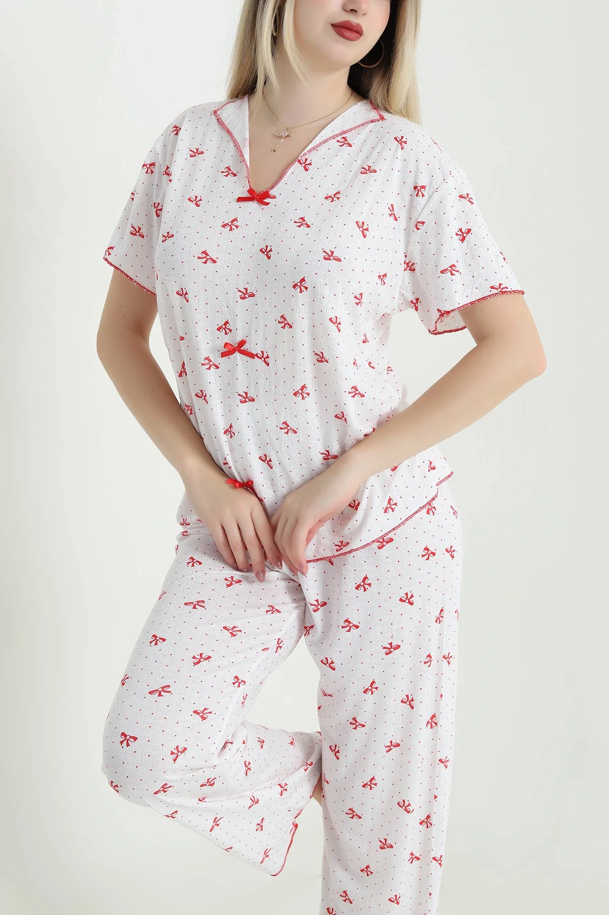 Kırmızı Jakarlı Fiyonklu Kadın Pijama Takımı 466702