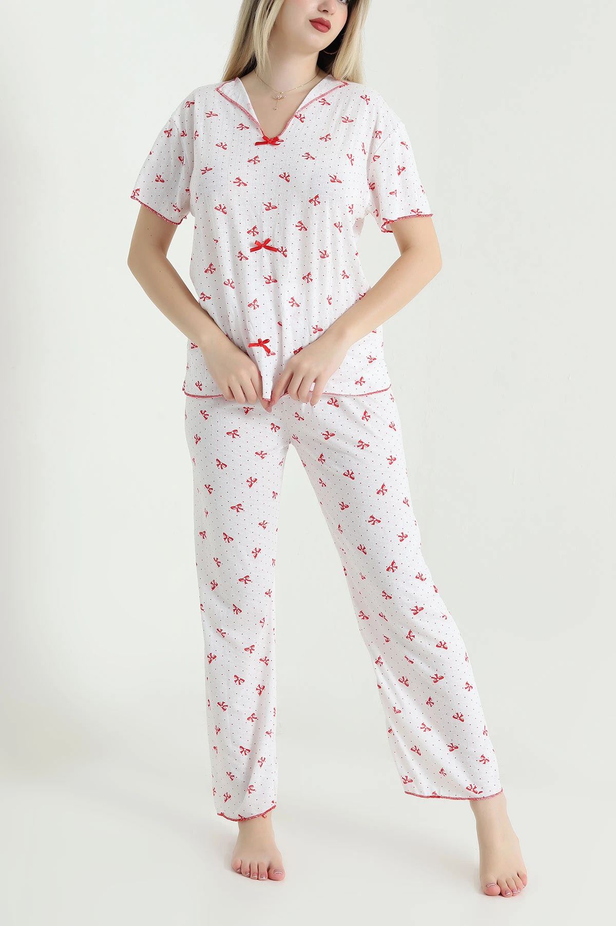Kırmızı Jakarlı Fiyonklu Kadın Pijama Takımı 466702