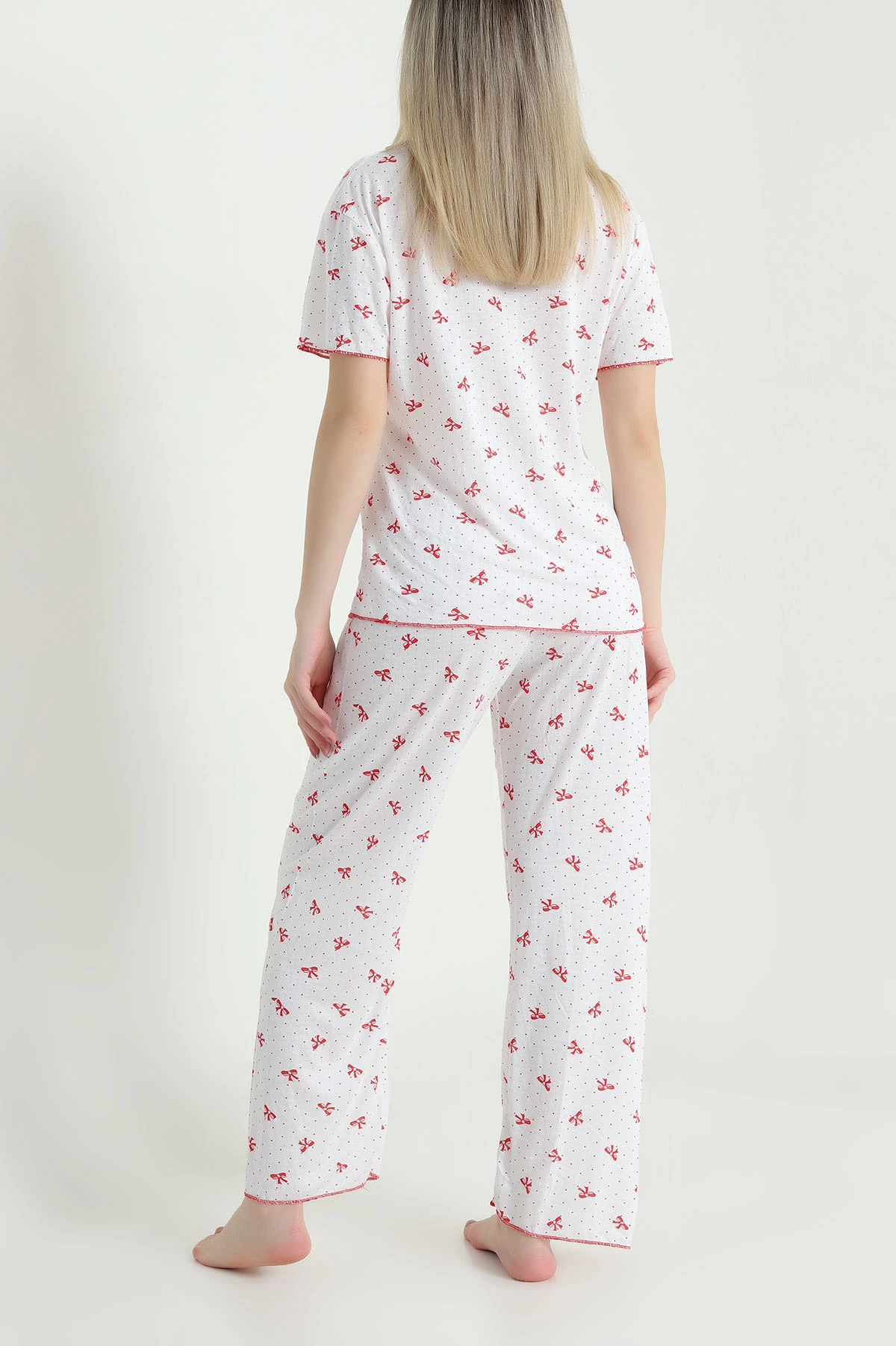 Kırmızı Jakarlı Fiyonklu Kadın Pijama Takımı 466702
