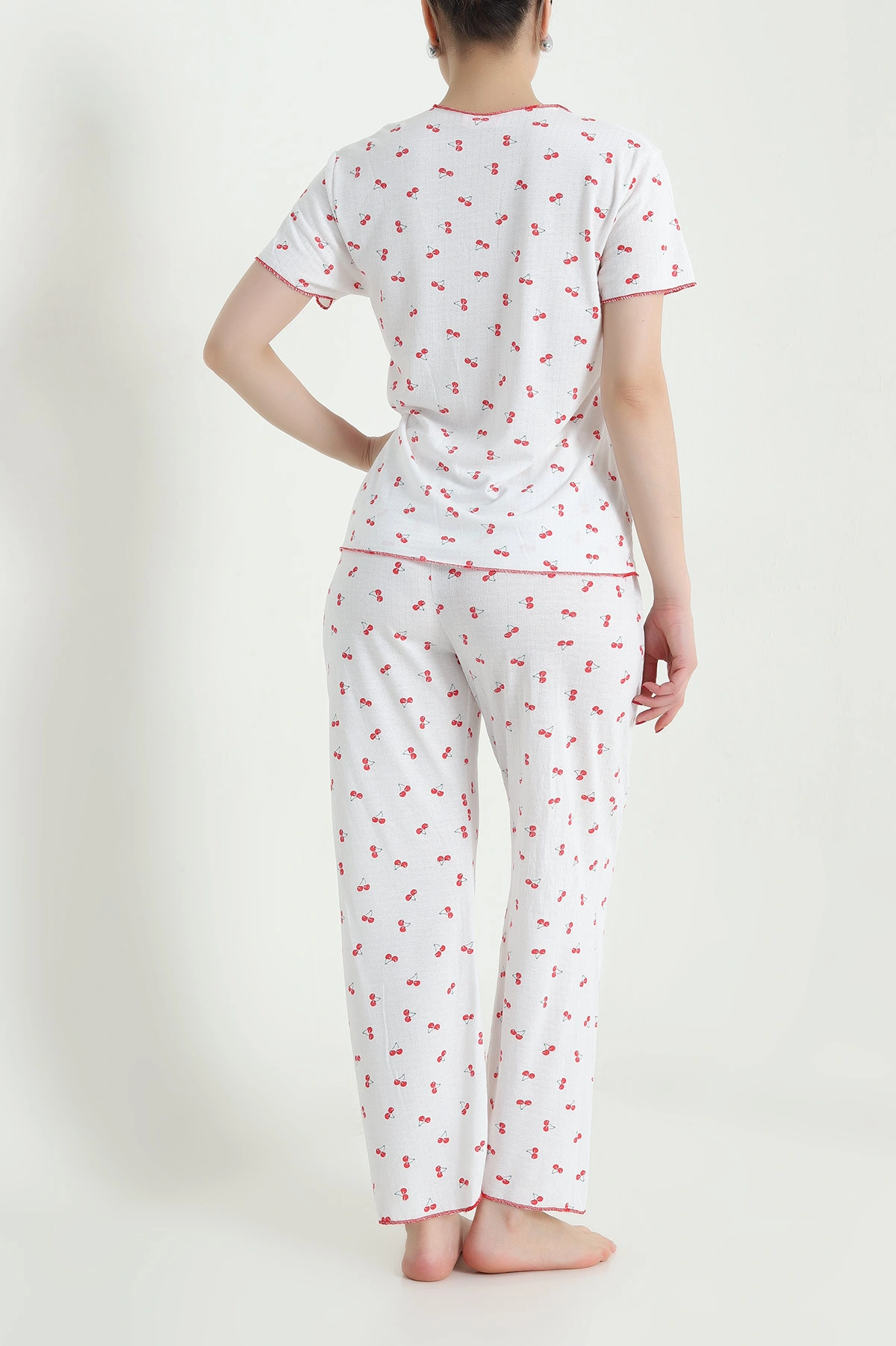 Kırmızı Jakarlı Fiyonklu Kadın Pijama Takımı 466703