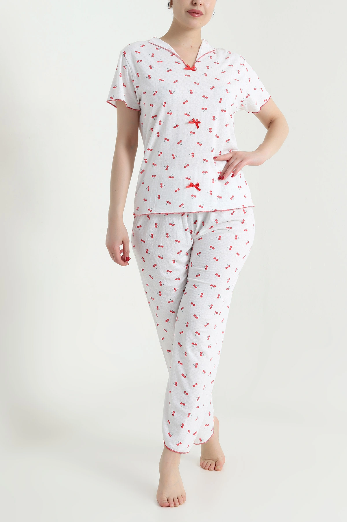 Kırmızı Jakarlı Fiyonklu Kadın Pijama Takımı 466703