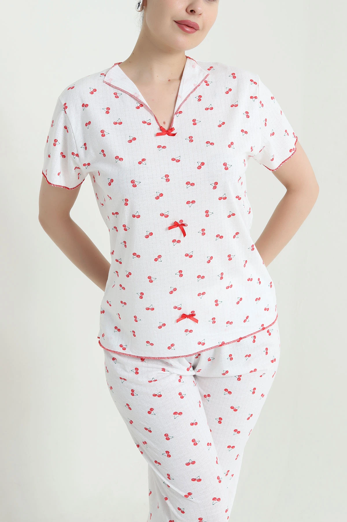 Kırmızı Jakarlı Fiyonklu Kadın Pijama Takımı 466703