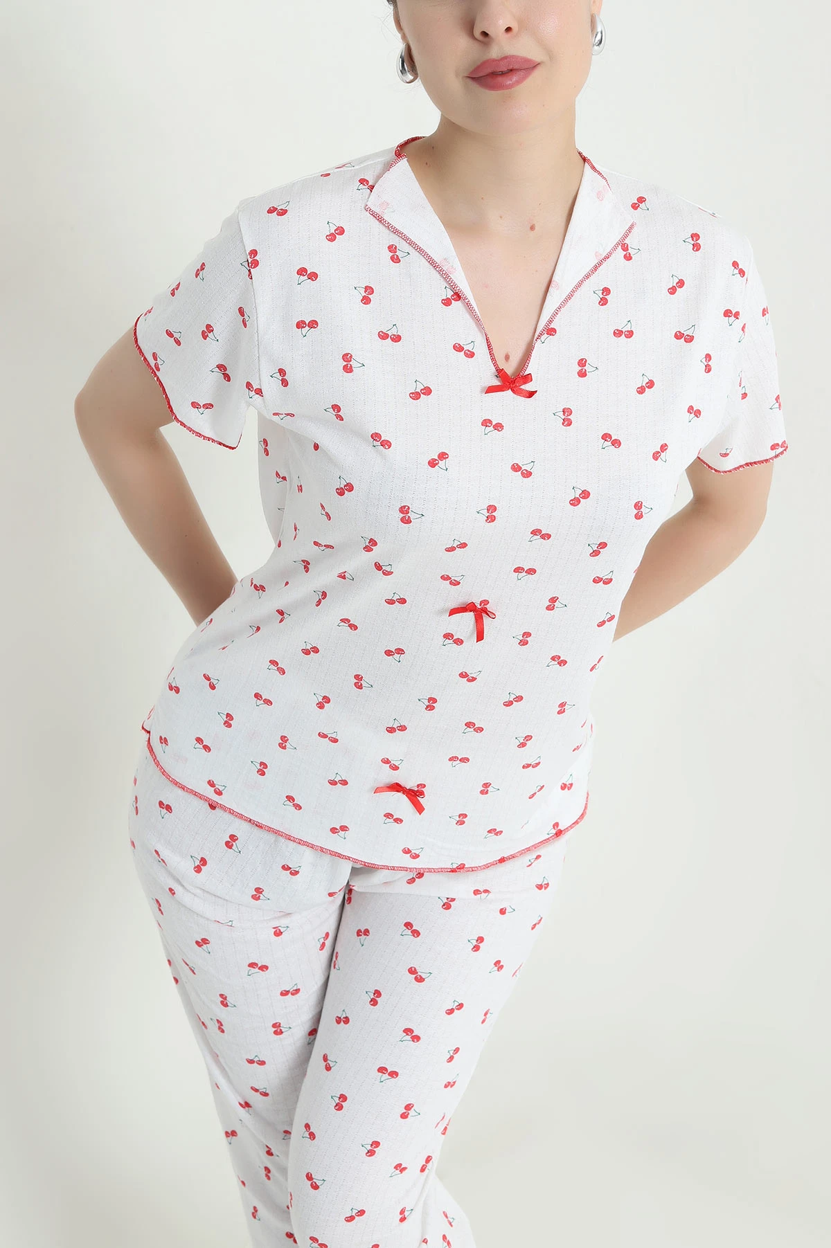 Kırmızı Jakarlı Fiyonklu Kadın Pijama Takımı 466703