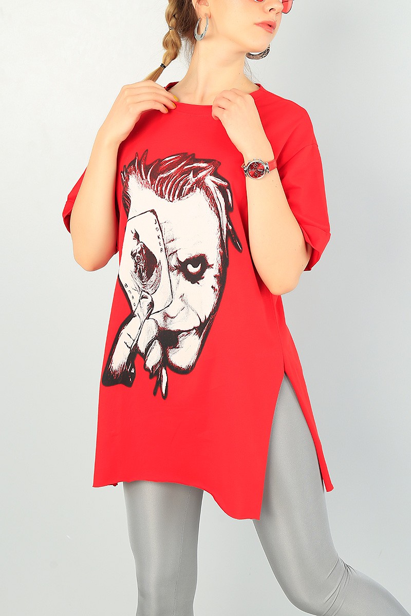 Kırmızı Joker Baskılı Bayan Tişört 69824