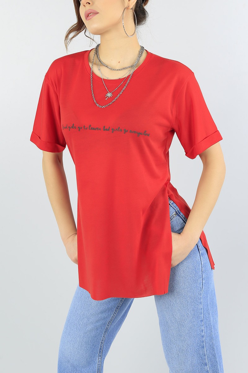 Kırmızı Kabartma Baskılı Bayan Tişört 56043