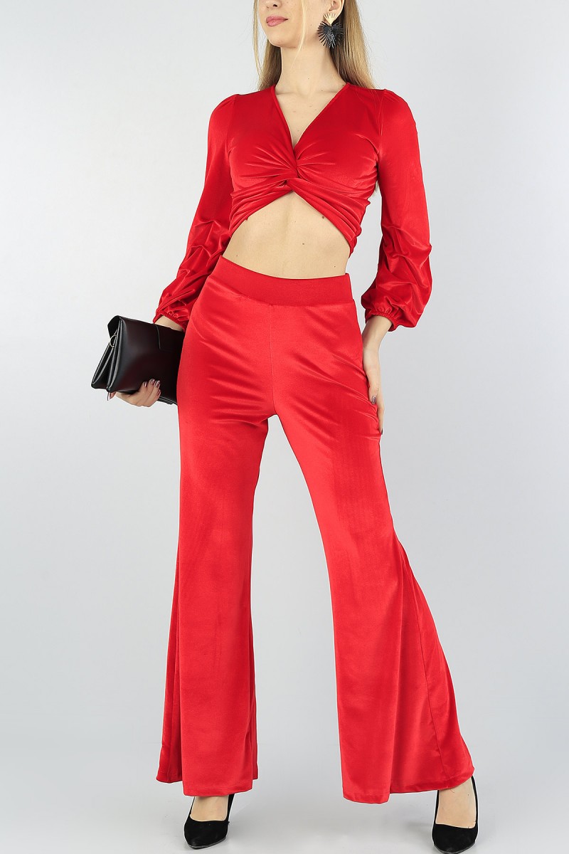 Kırmızı Kadife Bluz Pantolon Bayan İkili Takım 55434