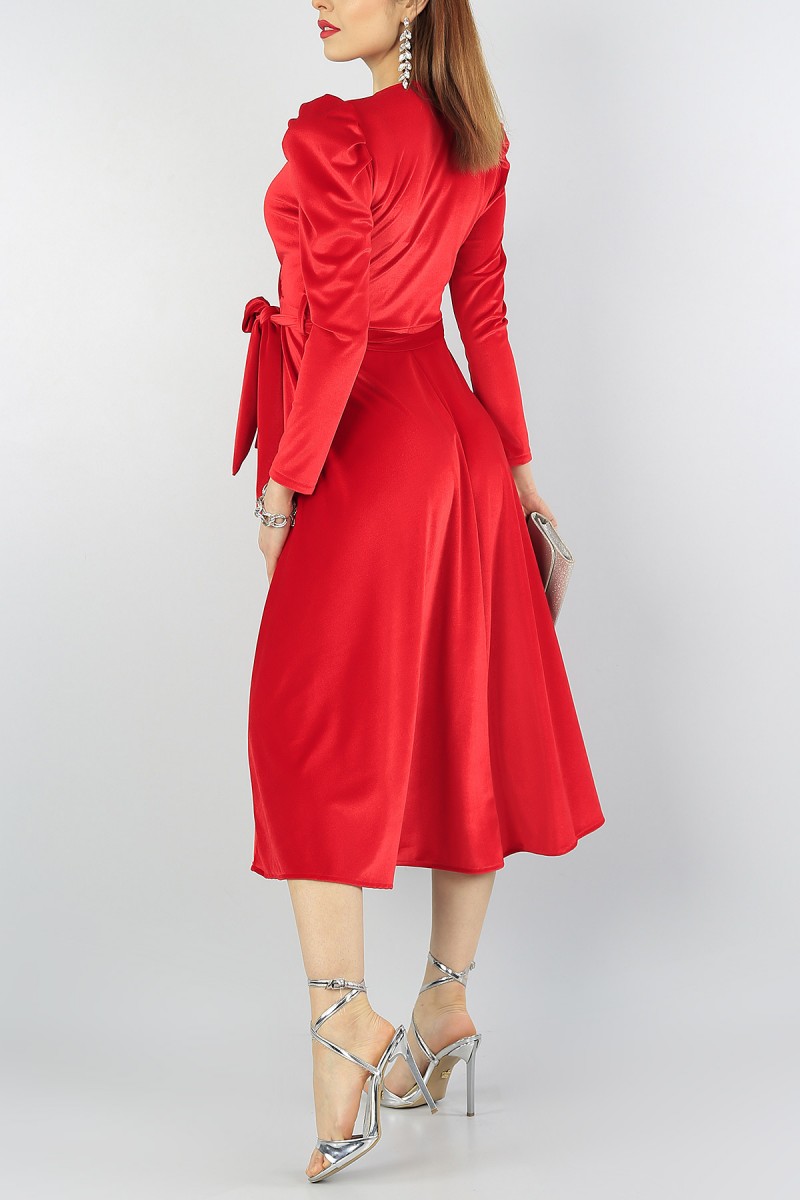 Kırmızı Kadife Kruvaze Yaka Elbise 55407