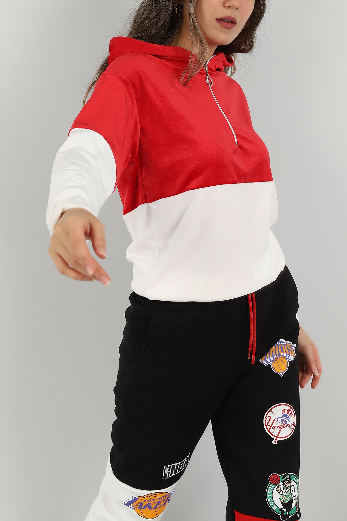 Kırmızı Kadife Yarım Fermuarlı Sweat 147295