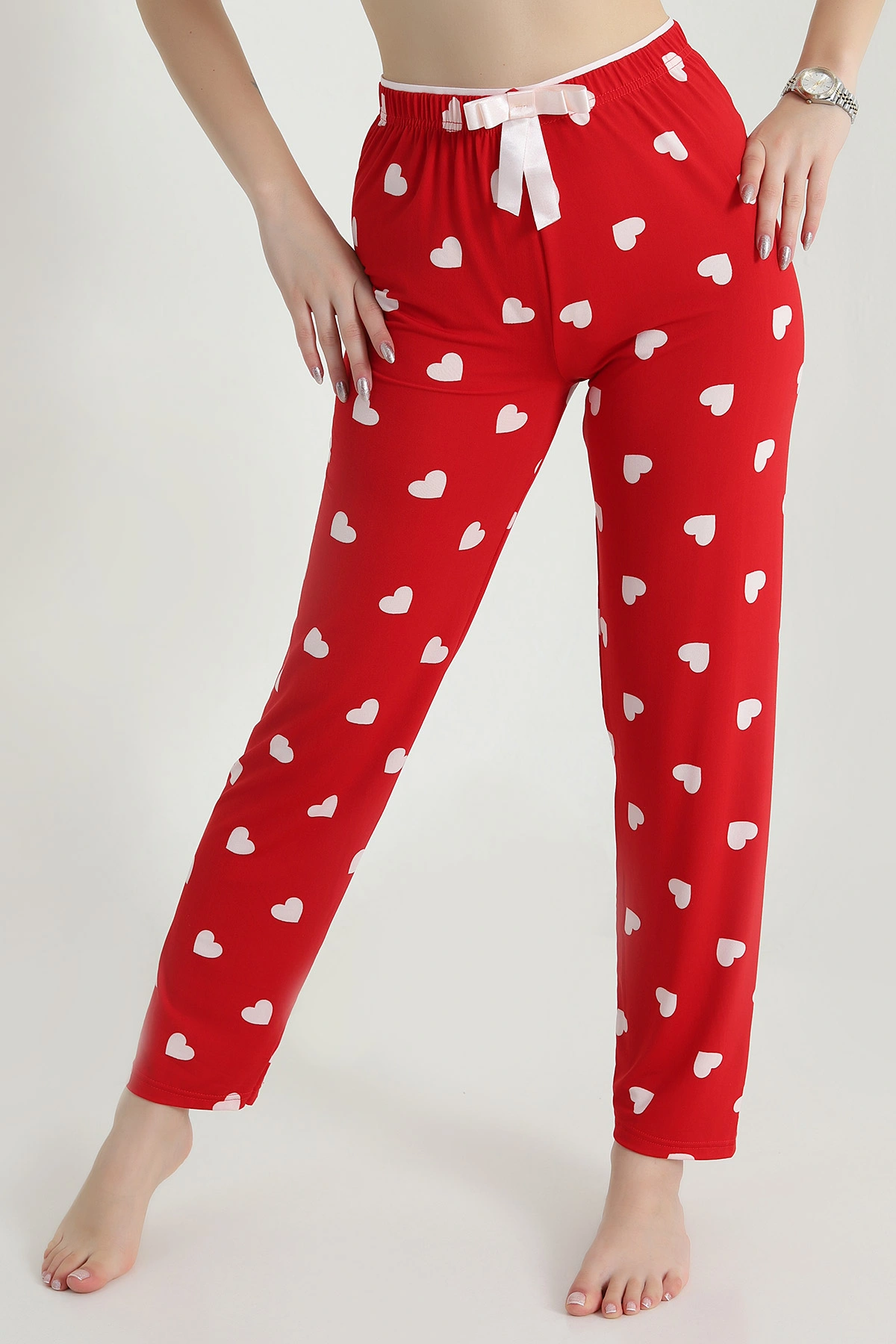 Kırmızı Kalp Desenli Beli Lastikli Kadın Pijama Altı 470760