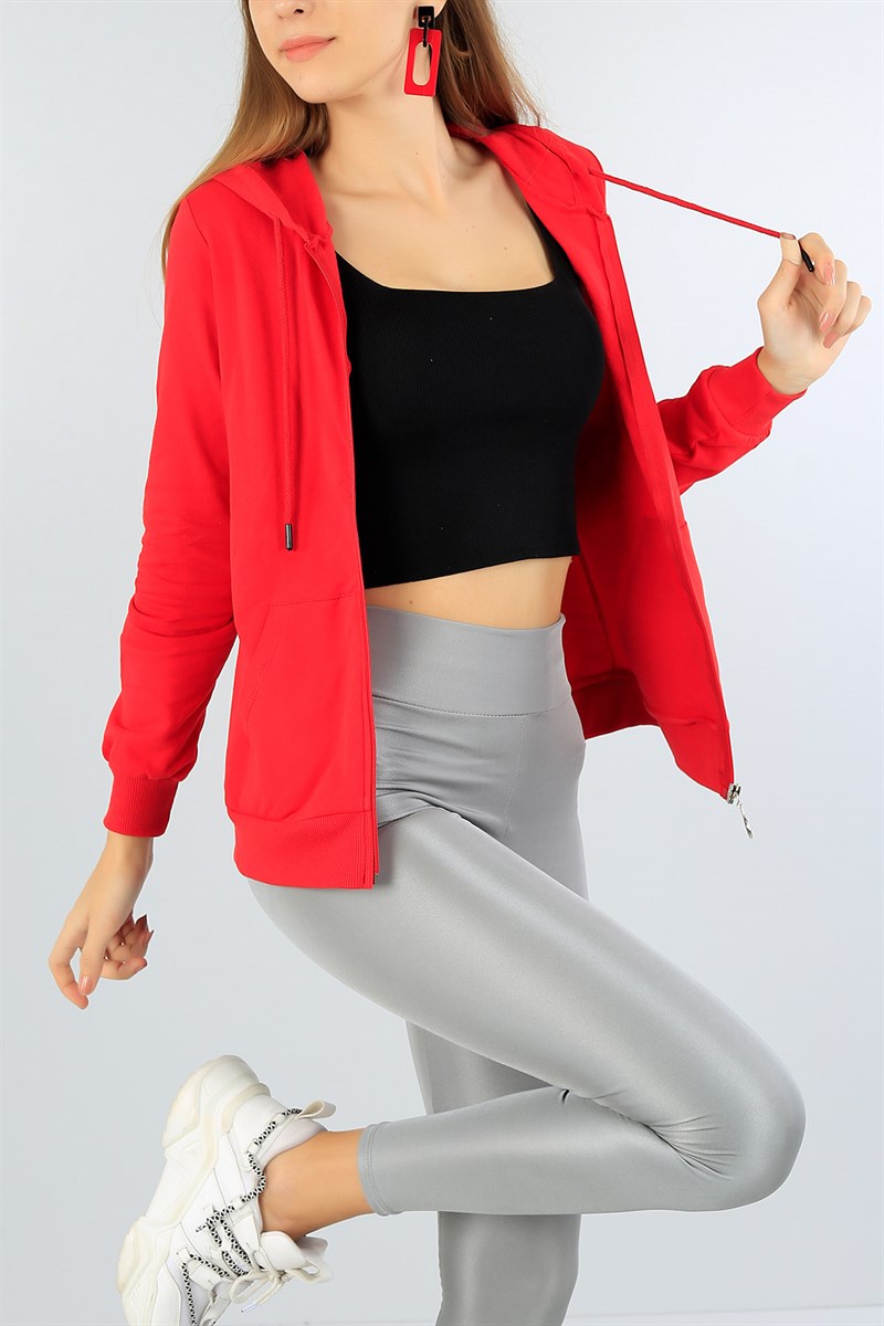 Kırmızı Kanguru Cep Fermuarlı Bayan Sweat 43664