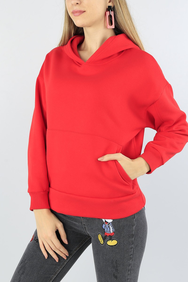 Kırmızı Kanguru Cepli Şardonlu Bayan Sweat 53570