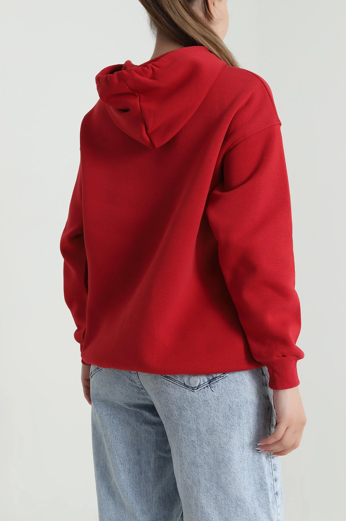 Kırmızı Kapşonlu Şardonlu Üç İp Kadın Sweat 484983
