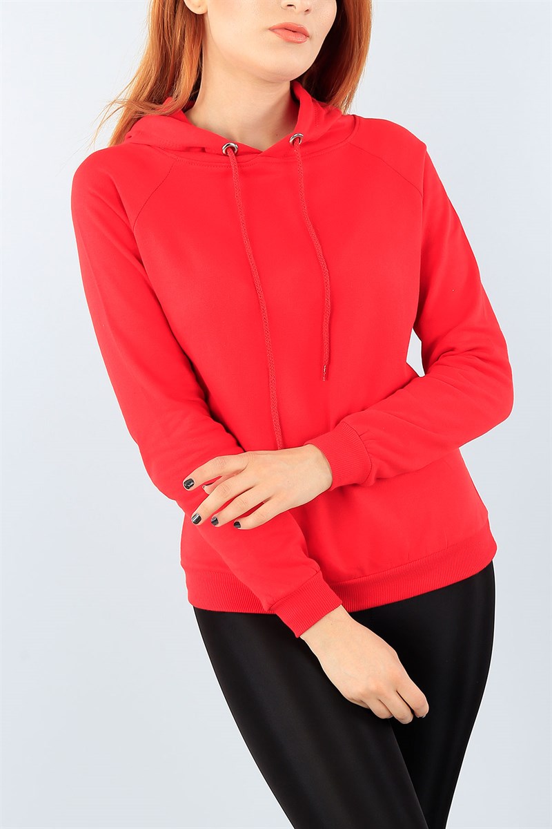 Kırmızı Kapüşonlu Bayan Sweat 39091