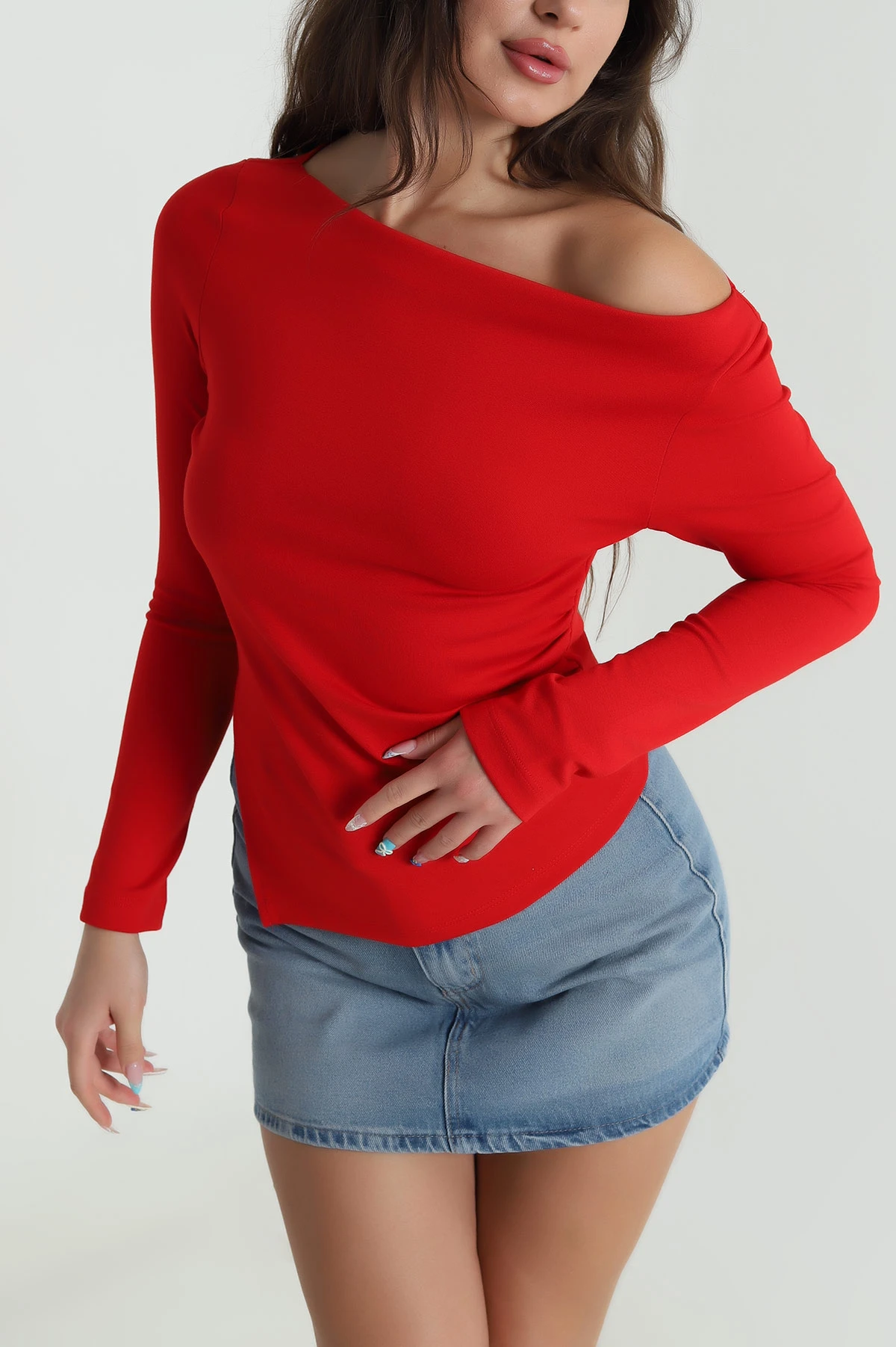 Kırmızı Kayık Yaka Modal Kadın Bluz 483075