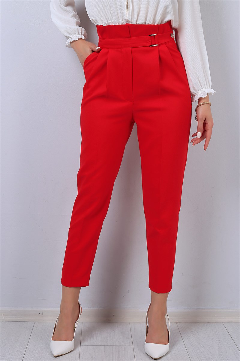 Kırmızı Kemer Detaylı Bayan Kumaş Pantolon 14139B