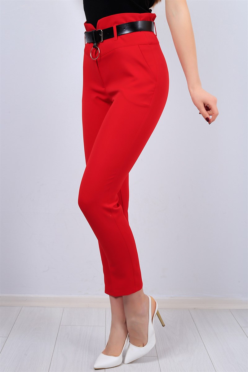 Kırmızı Kemerli Bayan Kumaş Pantolon 12731B