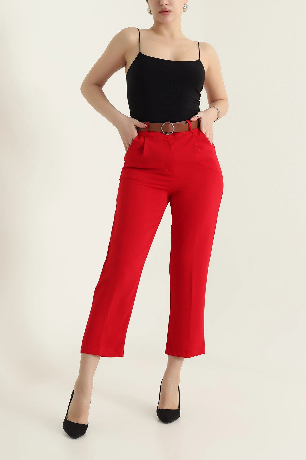 Kırmızı Kemerli İthal Crep Kadın Pantolon 436913