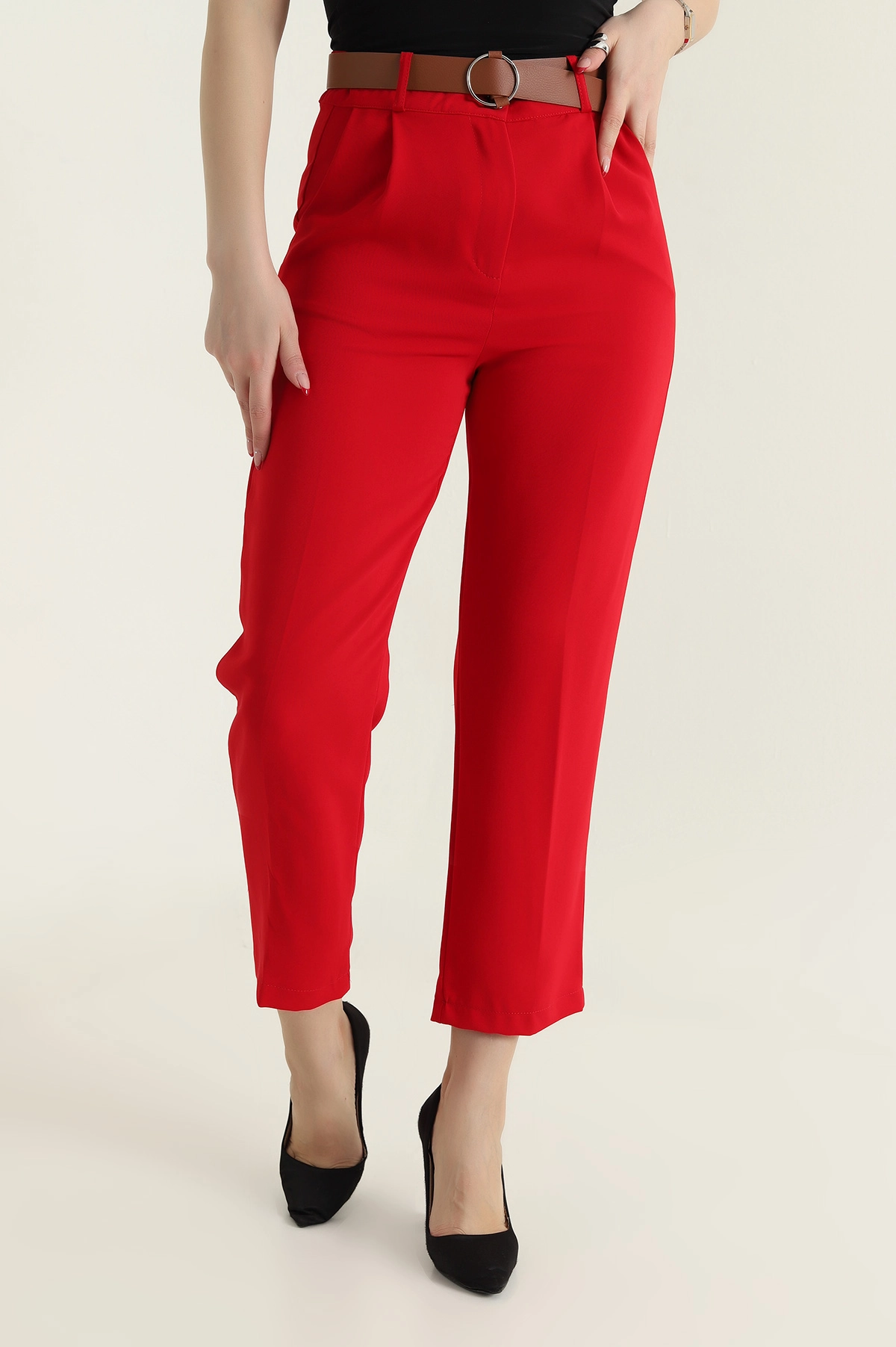 Kırmızı Kemerli İthal Crep Kadın Pantolon 436913