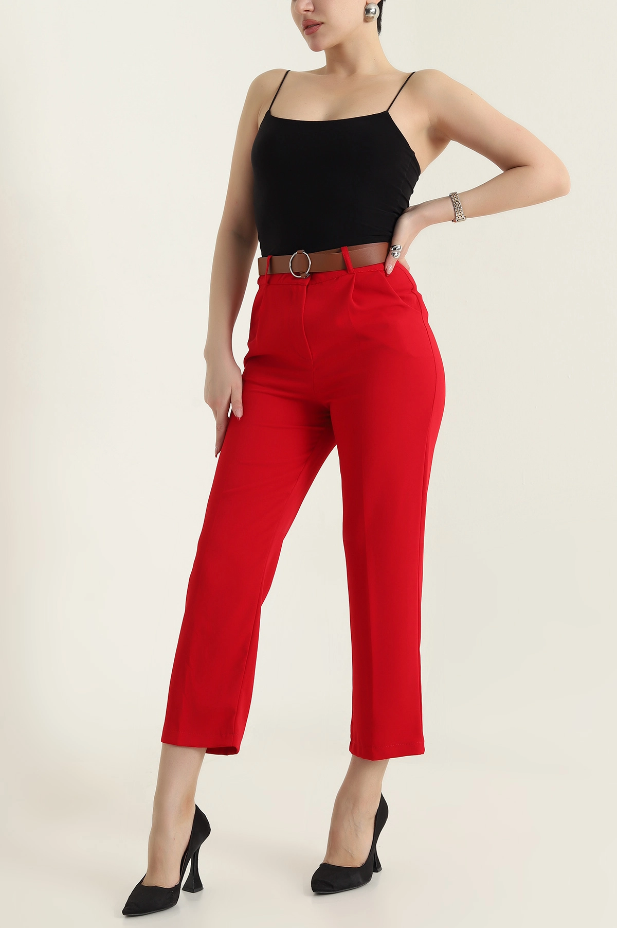 Kırmızı Kemerli İthal Crep Kadın Pantolon 436913