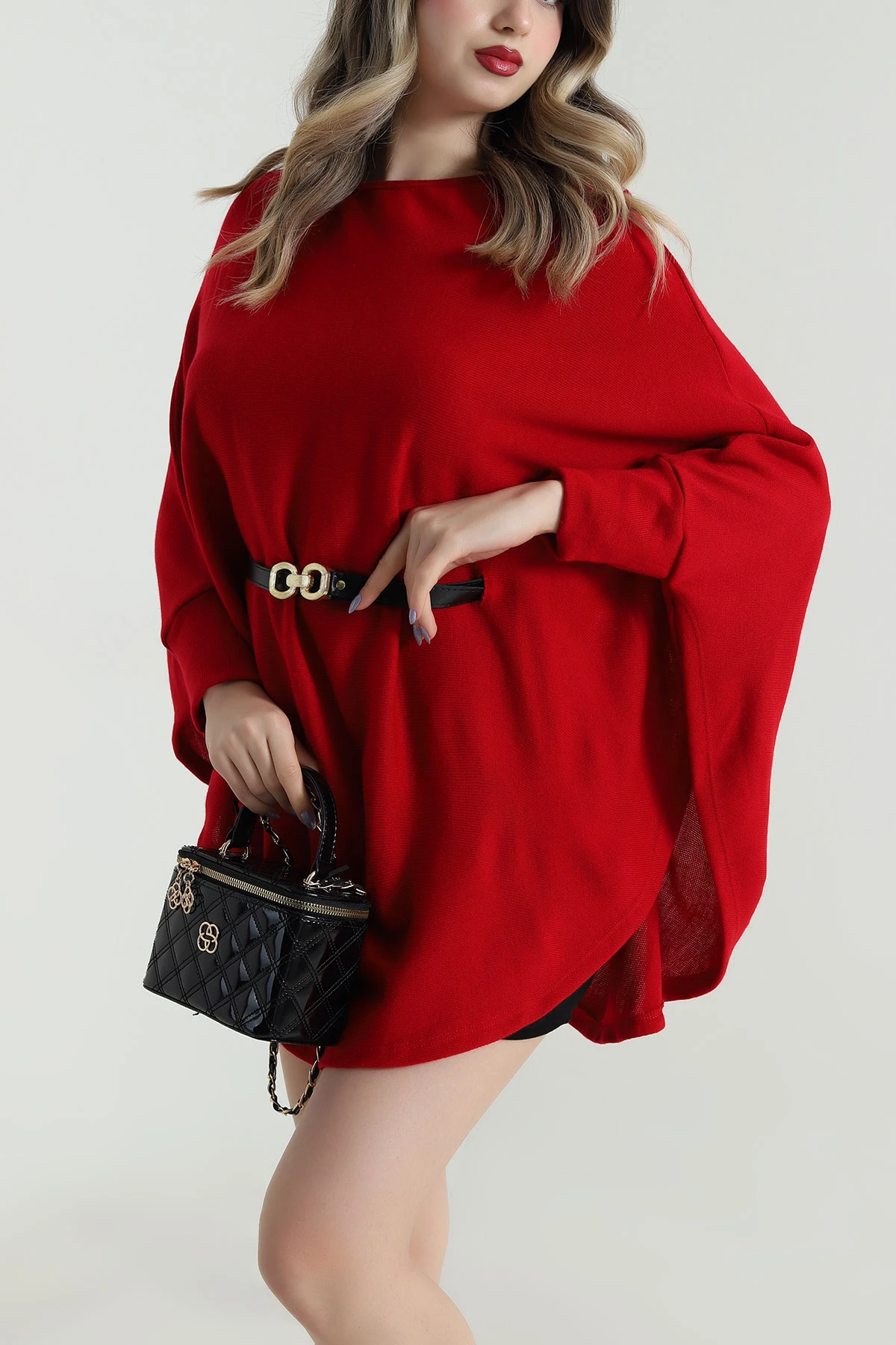 Kırmızı Kemerli Kadın Triko Pelerin 496257