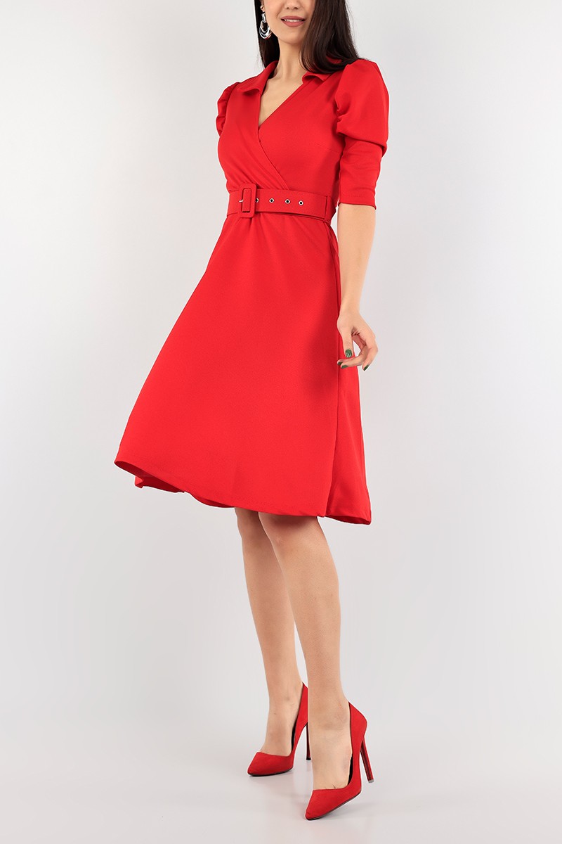 Kırmızı Kemerli Kruvaze Elbise 94235