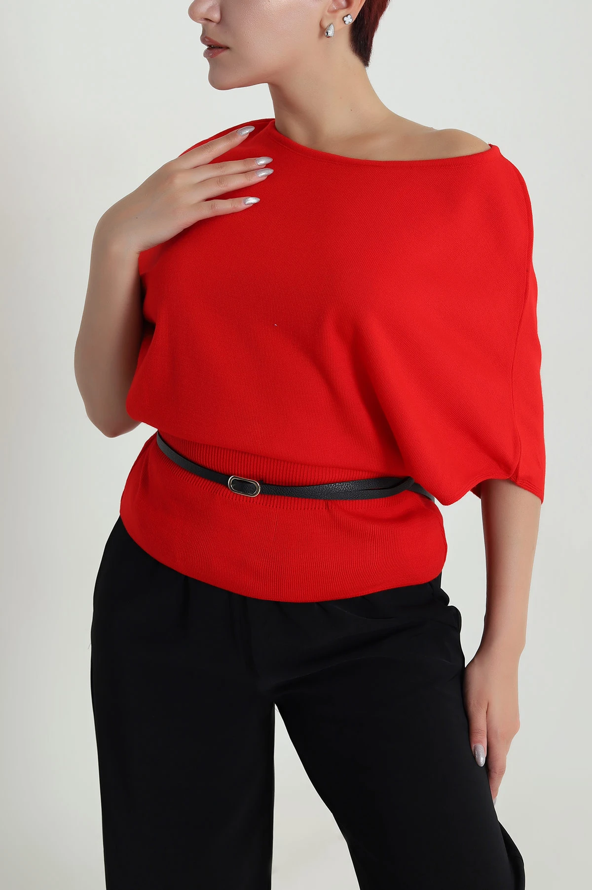 Kırmızı Kemerli Yarasa Kol Kadın Triko Bluz 483768