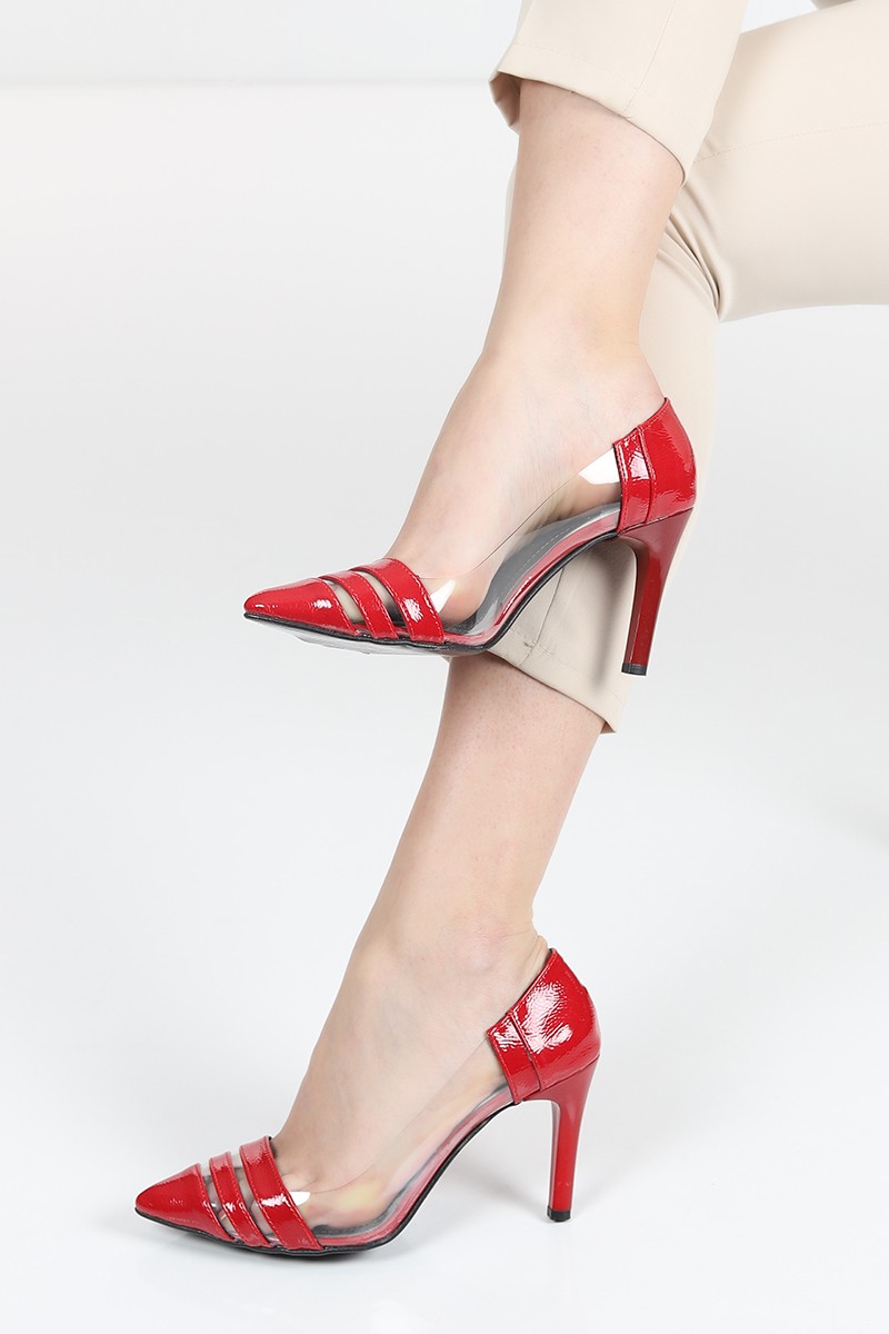 Kırmızı Kırışık Rugan Şeffaf Tasarım Kadın Stiletto 107814