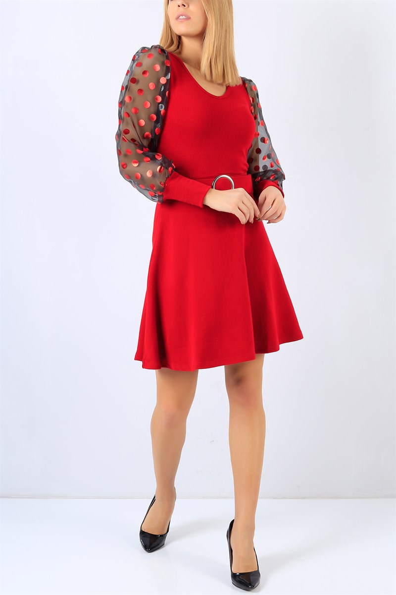 Kırmızı Kol Detay Likralı Triko Elbise 22112B