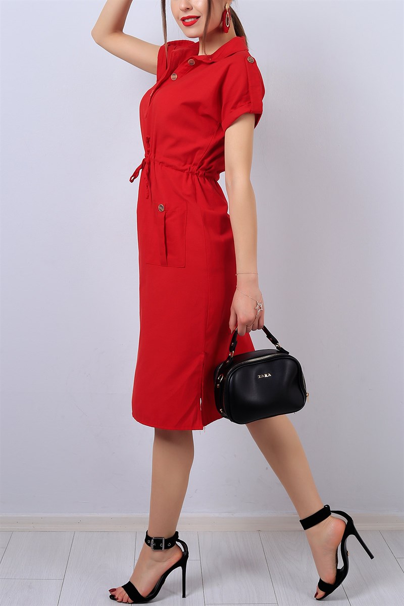 Kırmızı Kol Katlı Bayan Cepli Elbise 13561B