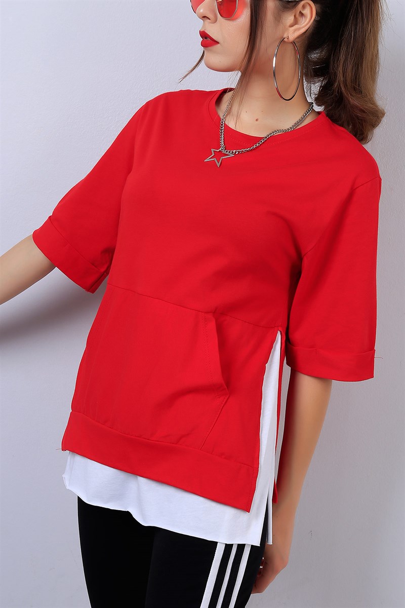 Kırmızı Kol Katlı Bayan Salaş Tişört 14494B