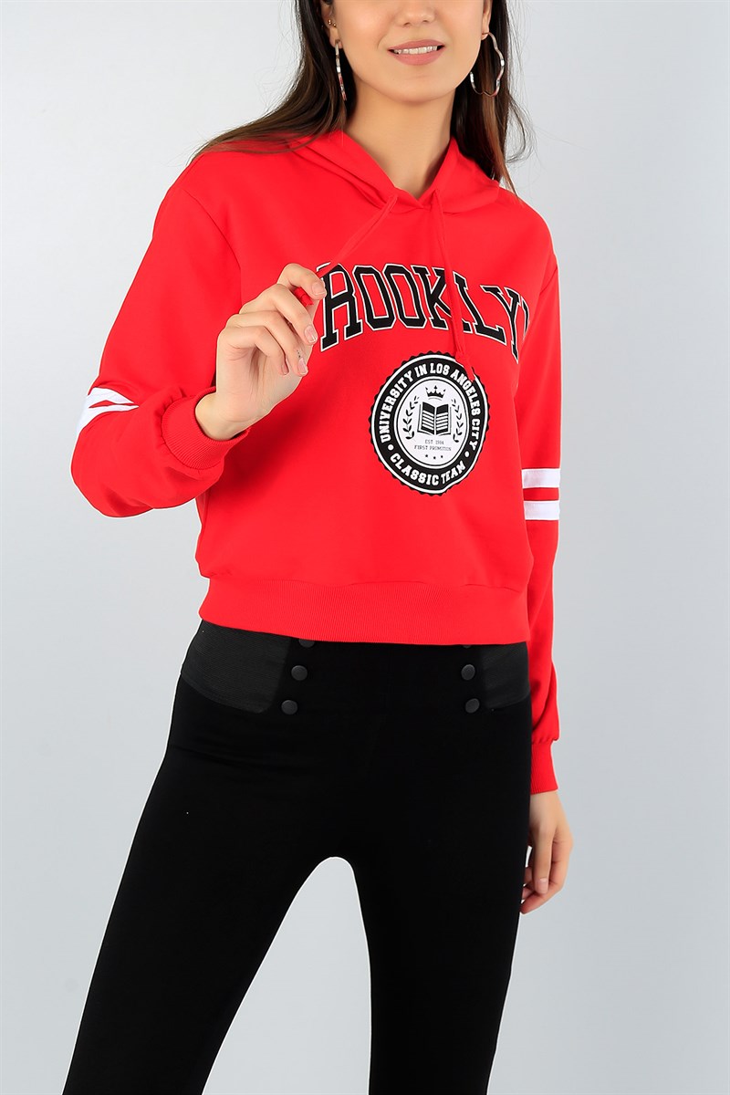 Kırmızı Kol Şeritli Bayan Crop Sweat 44439