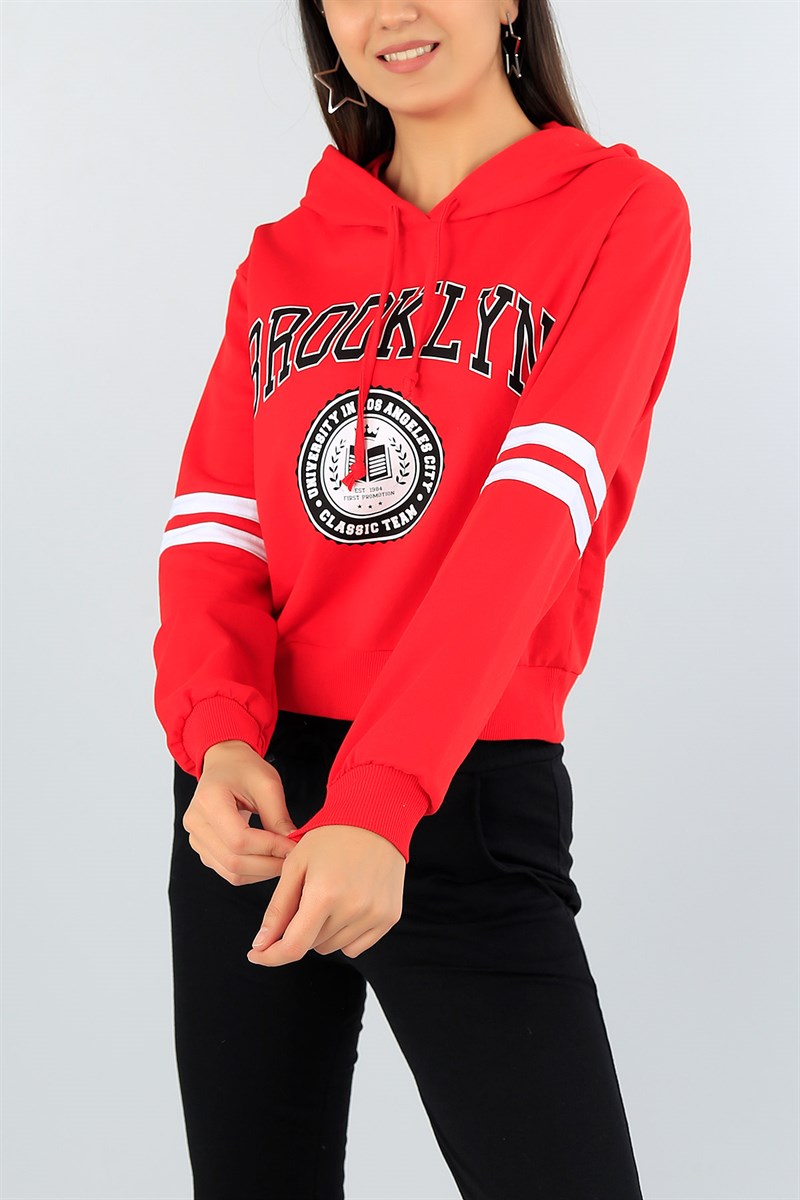 Kırmızı Kol Şeritli Bayan Crop Sweat 44439