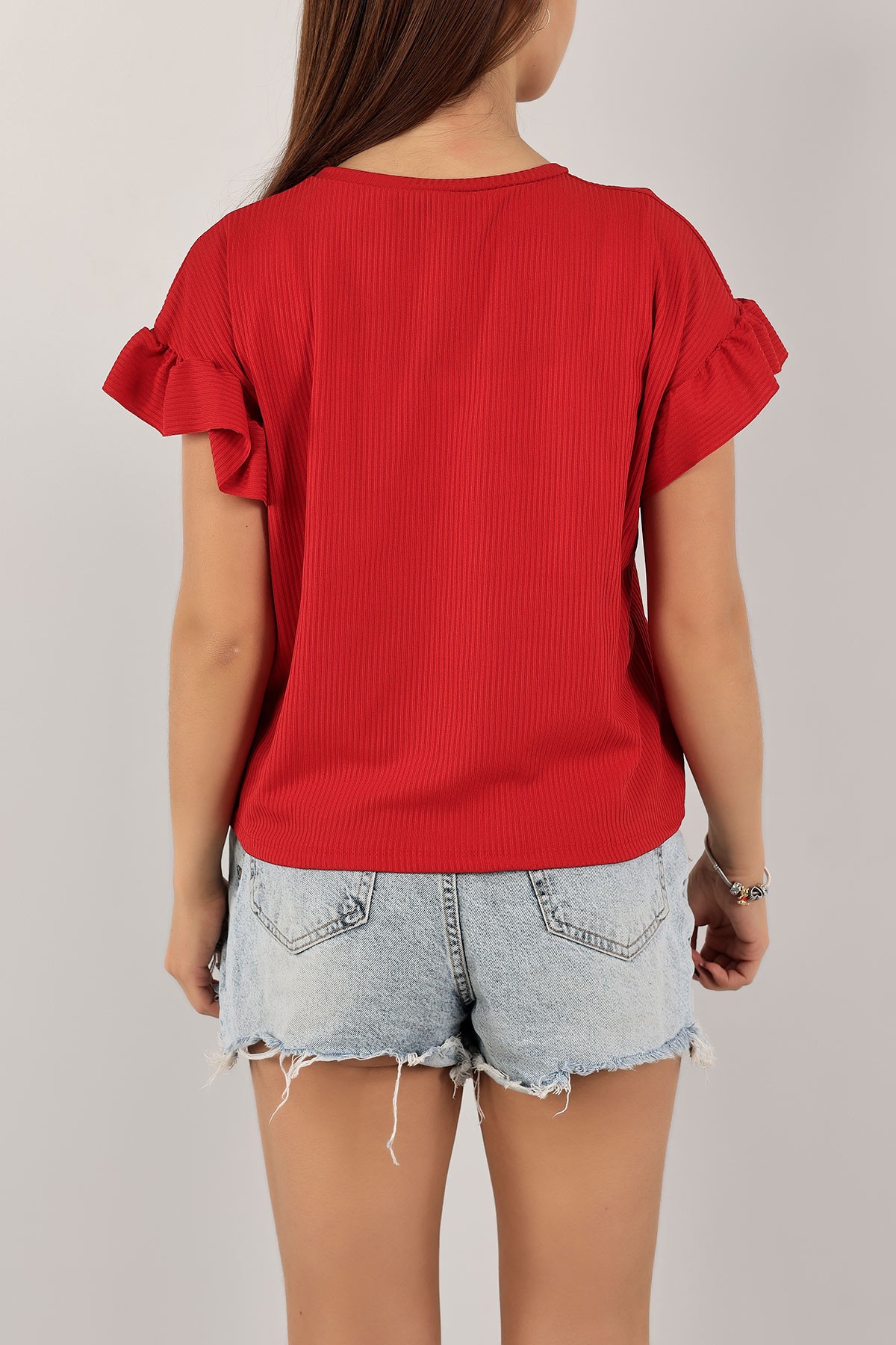 Kırmızı Kolları Fırfırlı Fitilli Bluz 133862