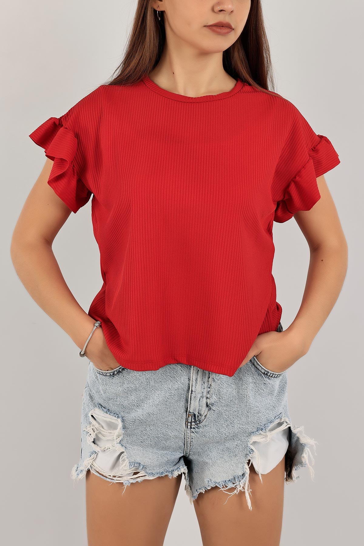 Kırmızı Kolları Fırfırlı Fitilli Bluz 133862