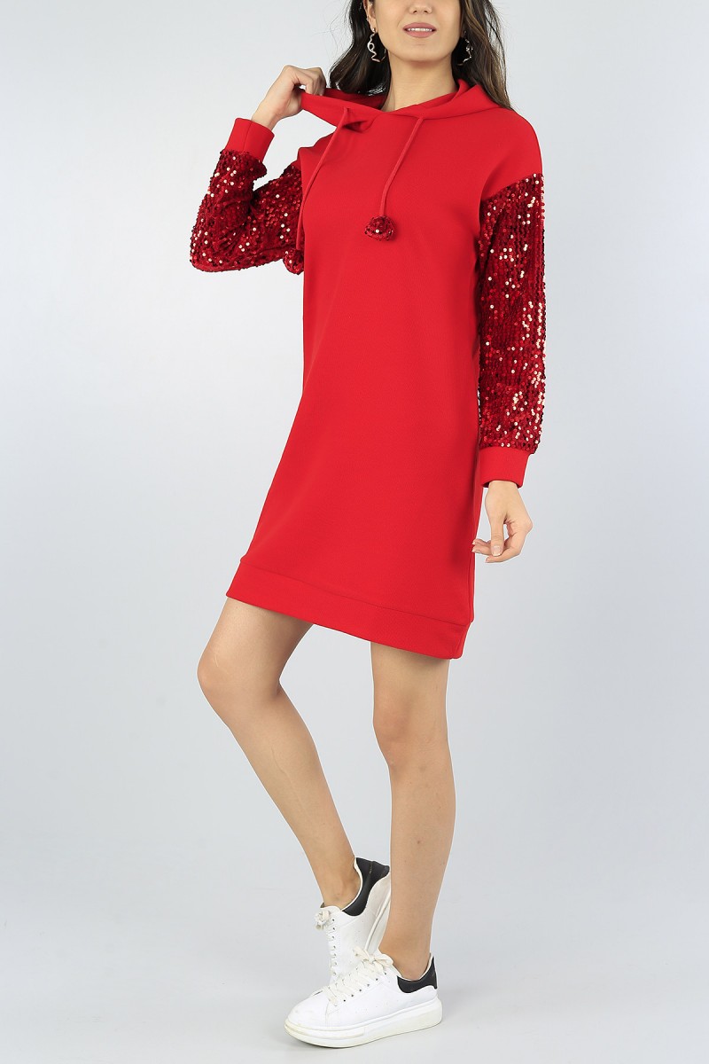 Kırmızı Kolları Pullu Bayan Selanik Elbise Tunik 53274