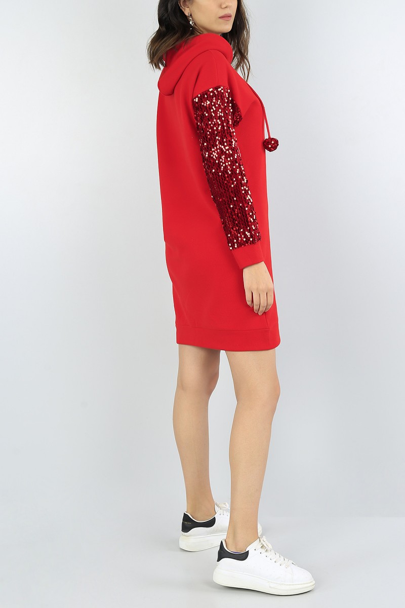 Kırmızı Kolları Pullu Bayan Selanik Elbise Tunik 53274