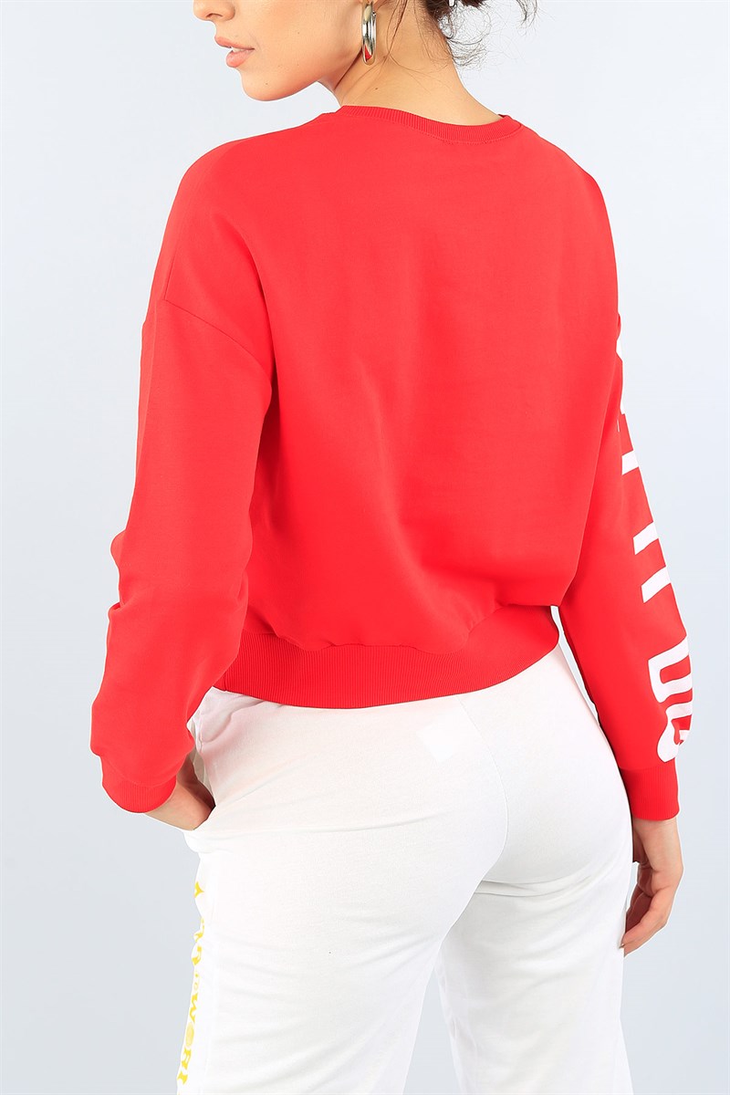 Kırmızı Kolu Baskılı Crop Bayan Sweat 39122