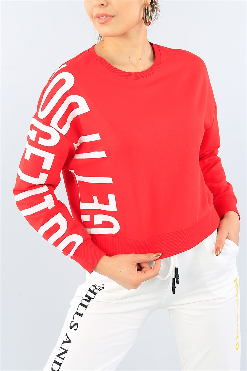 Kırmızı Kolu Baskılı Crop Bayan Sweat 39122