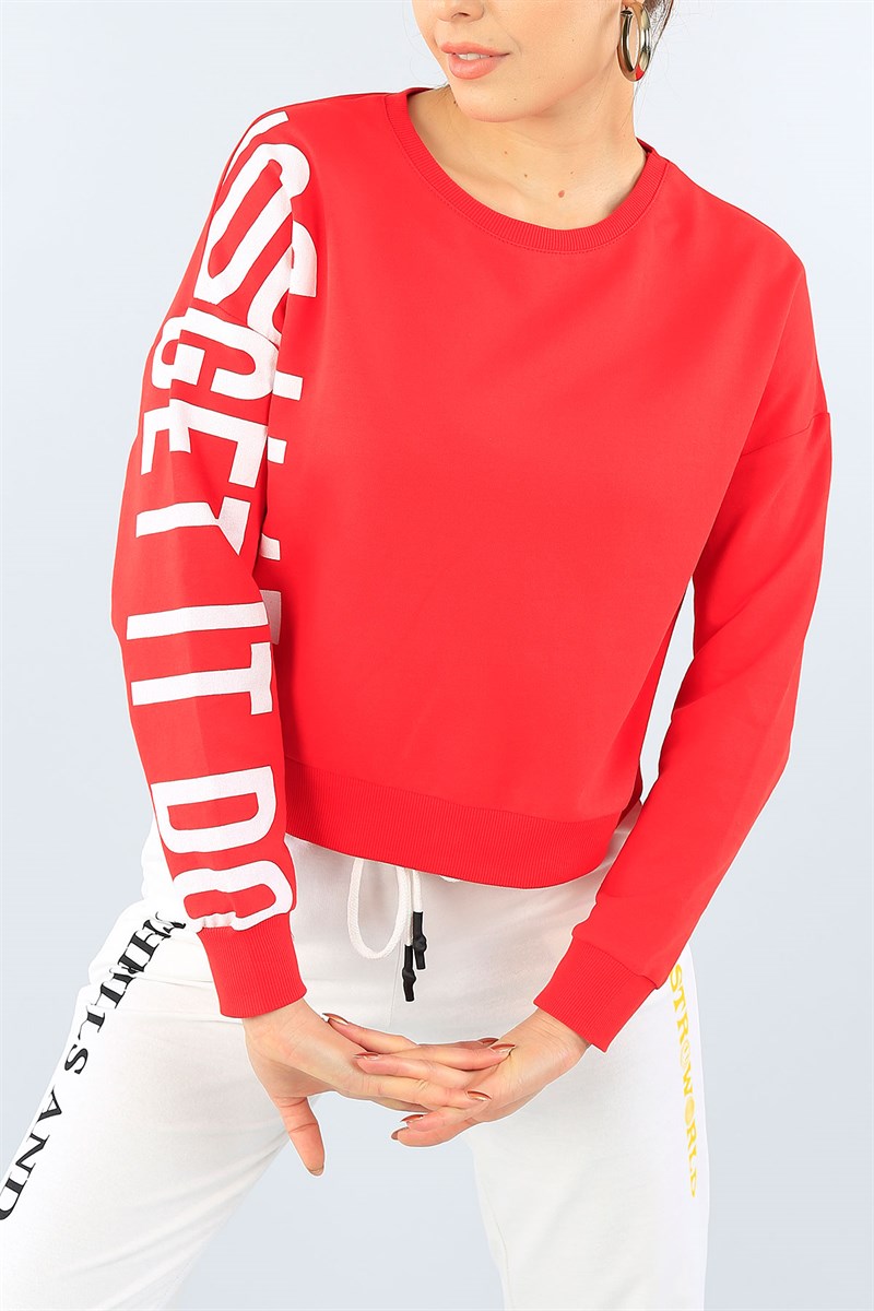 Kırmızı Kolu Baskılı Crop Bayan Sweat 39122