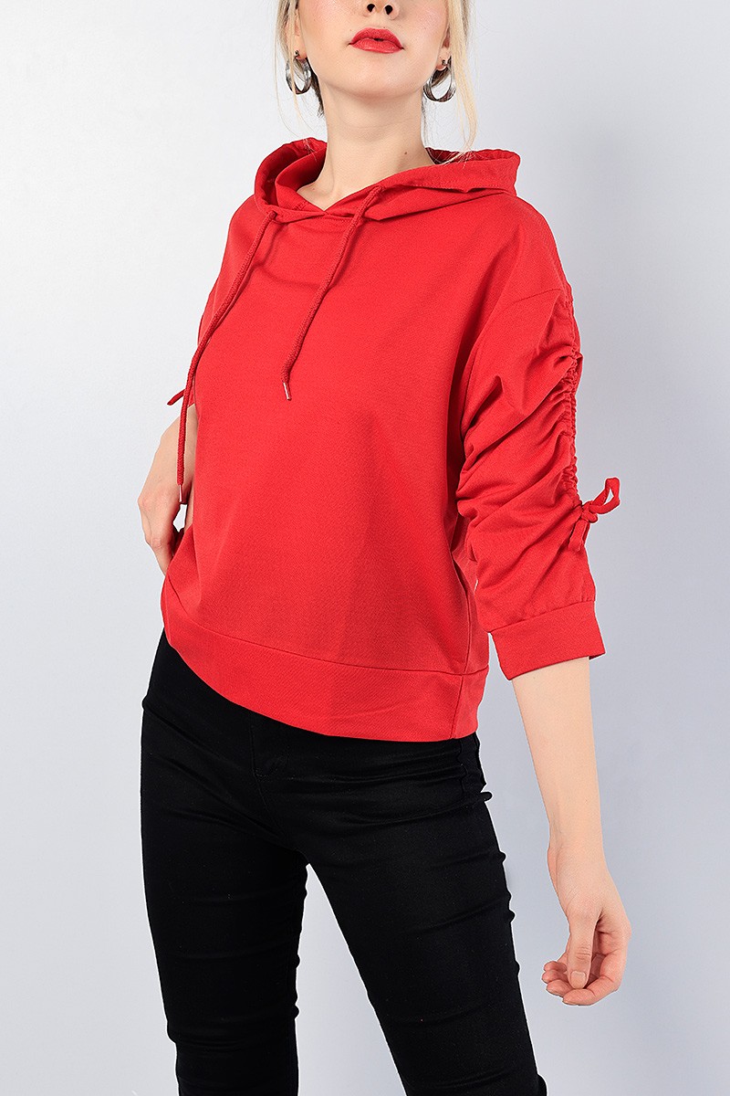 Kırmızı Kolu Büzgülü Bayan Sweat 78479