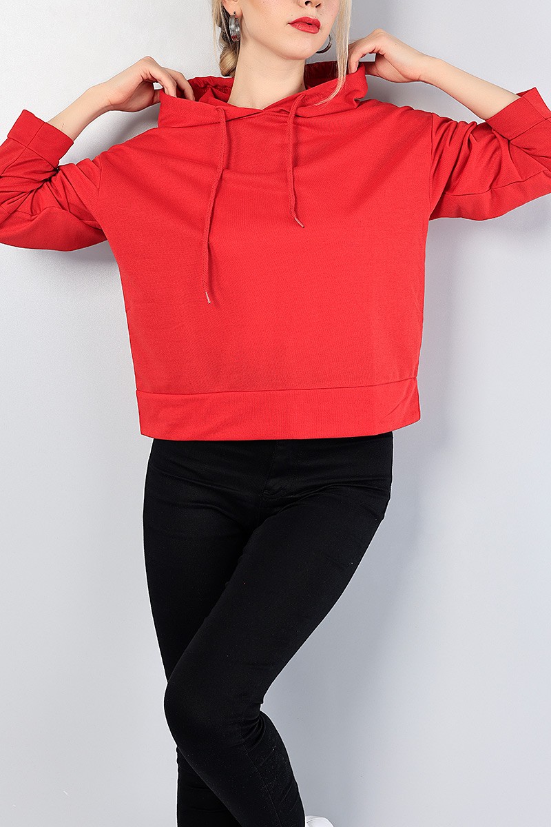 Kırmızı Kolu Büzgülü Bayan Sweat 78479