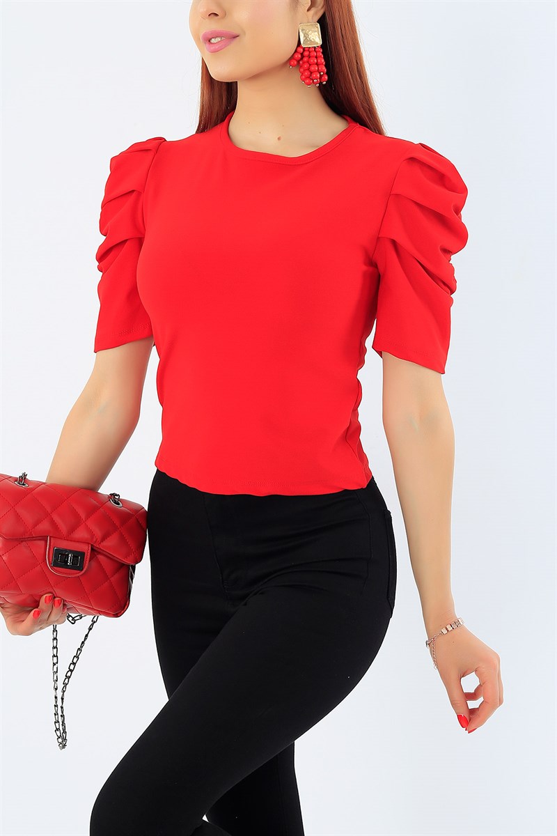 Kırmızı Kolu Büzgülü Bluz 31902
