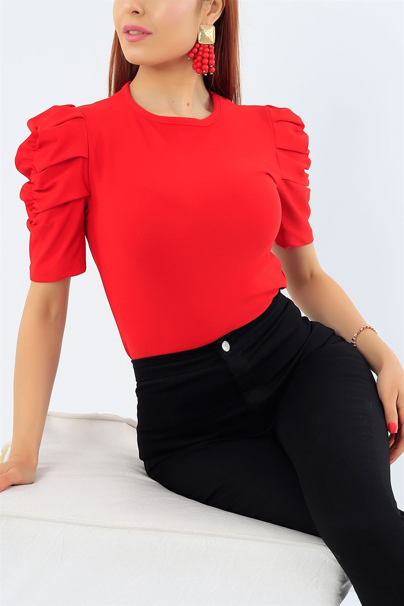 Kırmızı Kolu Büzgülü Bluz 31902