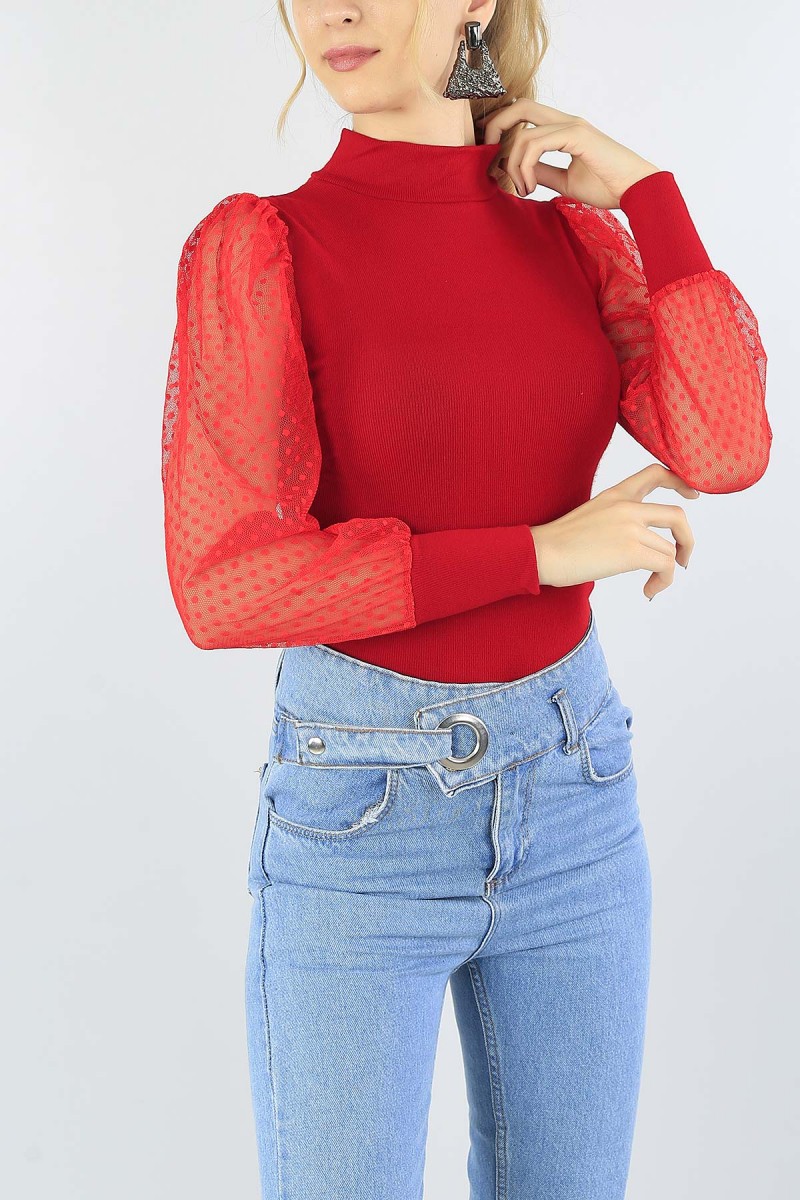 Kırmızı Kolu Tüllü Bayan Triko 53695