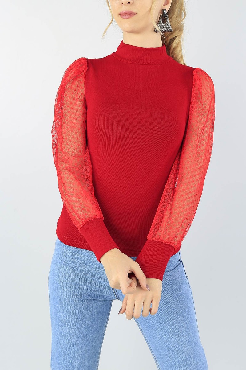 Kırmızı Kolu Tüllü Bayan Triko 53695